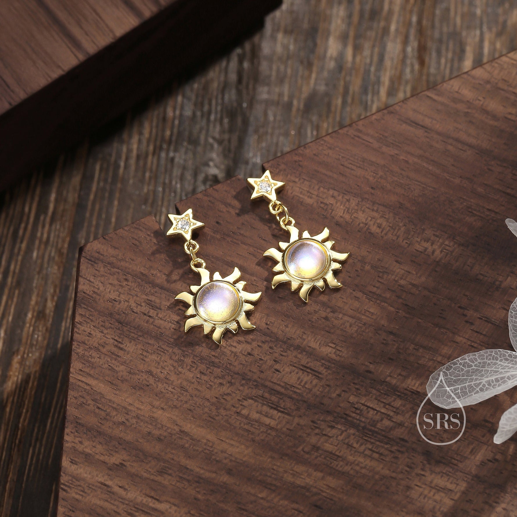 Moonstone Sun and Star Dangle Stud Earrings in Sterling Silver, Silver or Gold, Star and Sun Earrings, Moonstone Earrings, Celestial Earring