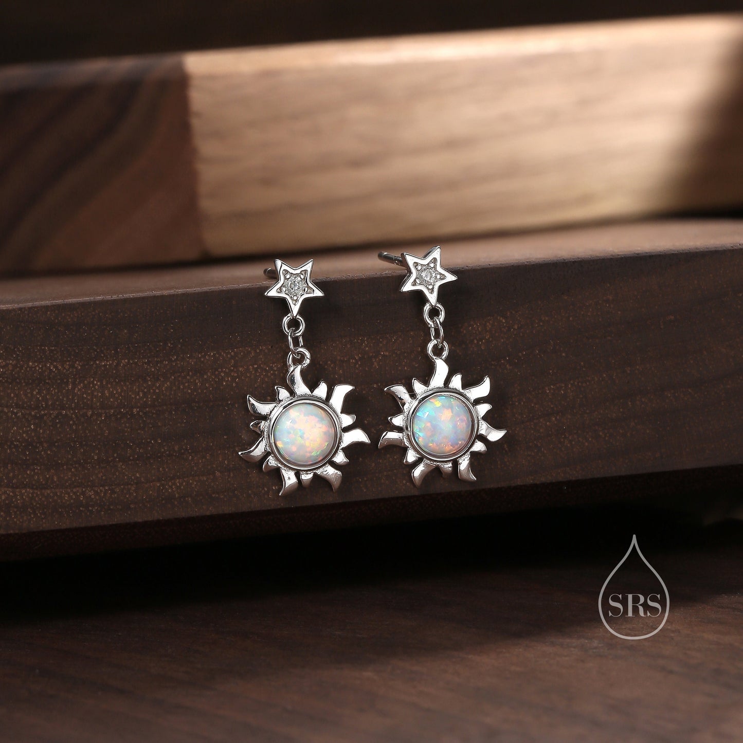 White Opal Sun and Star Dangle Stud Earrings in Sterling Silver, Silver or Gold, Star and Sun Lab Opal Celestial Earring