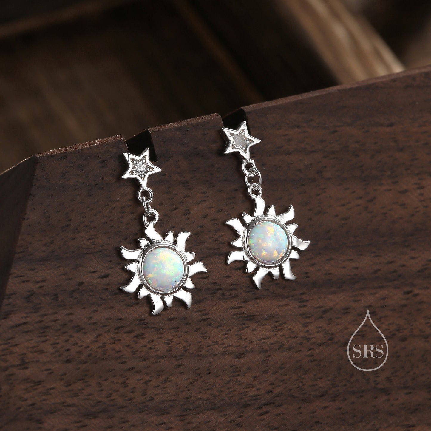 White Opal Sun and Star Dangle Stud Earrings in Sterling Silver, Silver or Gold, Star and Sun Lab Opal Celestial Earring