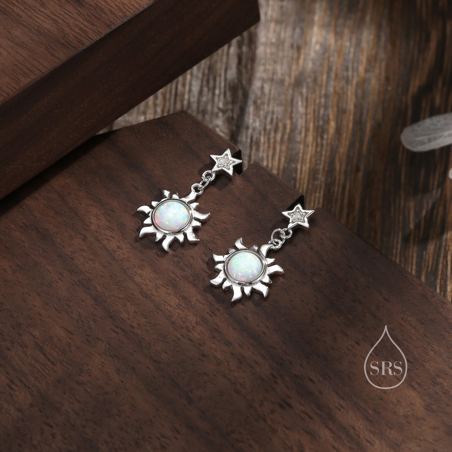 White Opal Sun and Star Dangle Stud Earrings in Sterling Silver, Silver or Gold, Star and Sun Lab Opal Celestial Earring