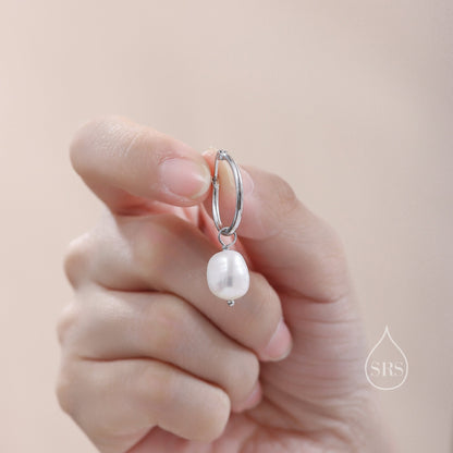 Pair of Plain Huggie Hoop Earrings in Sterling Silver with Detachable Baroque Pearl Charms,  Two Sizes Available, Simple Hoop Earrings