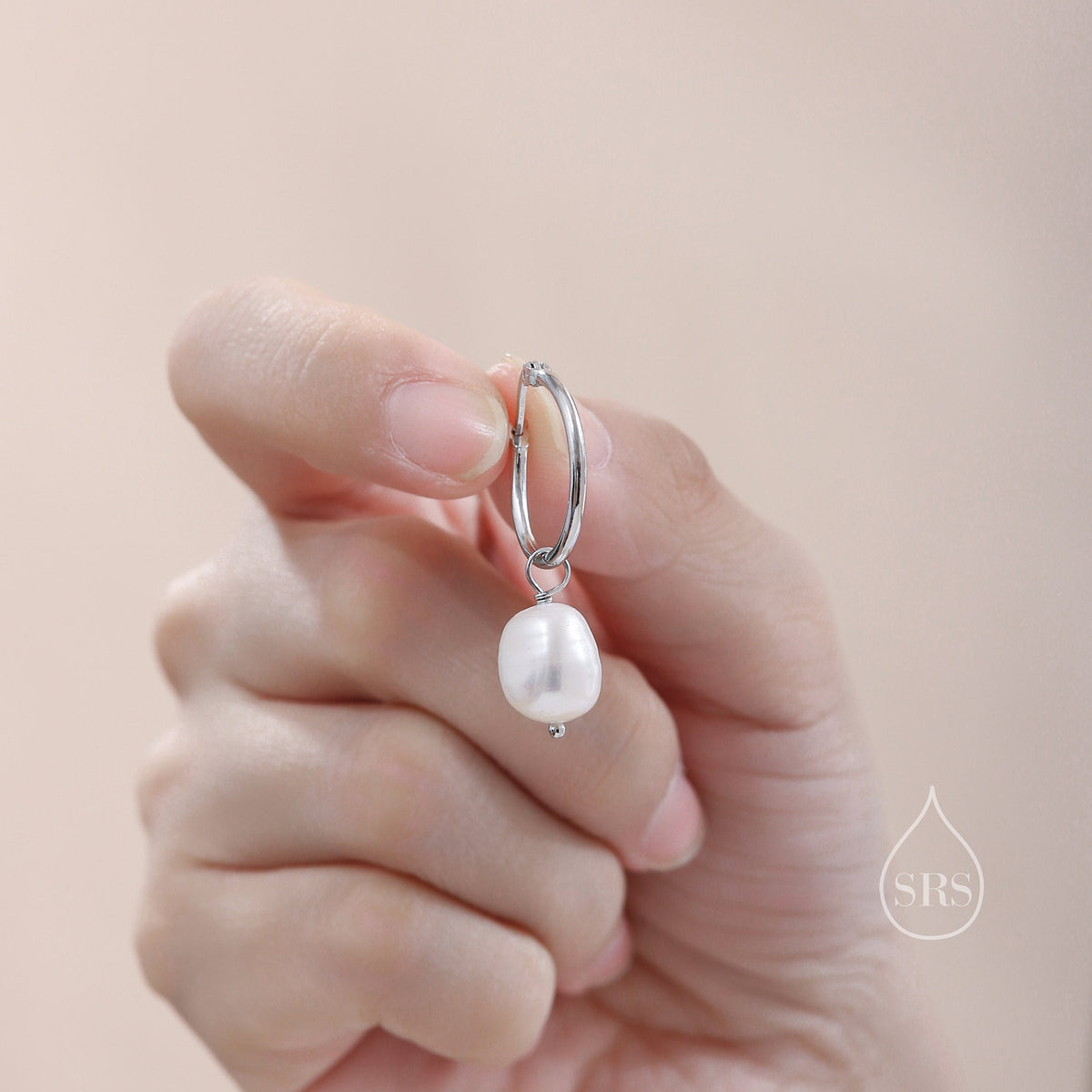 Pair of Plain Huggie Hoop Earrings in Sterling Silver with Detachable Baroque Pearl Charms, Two Sizes Available, Simple Hoop Earrings