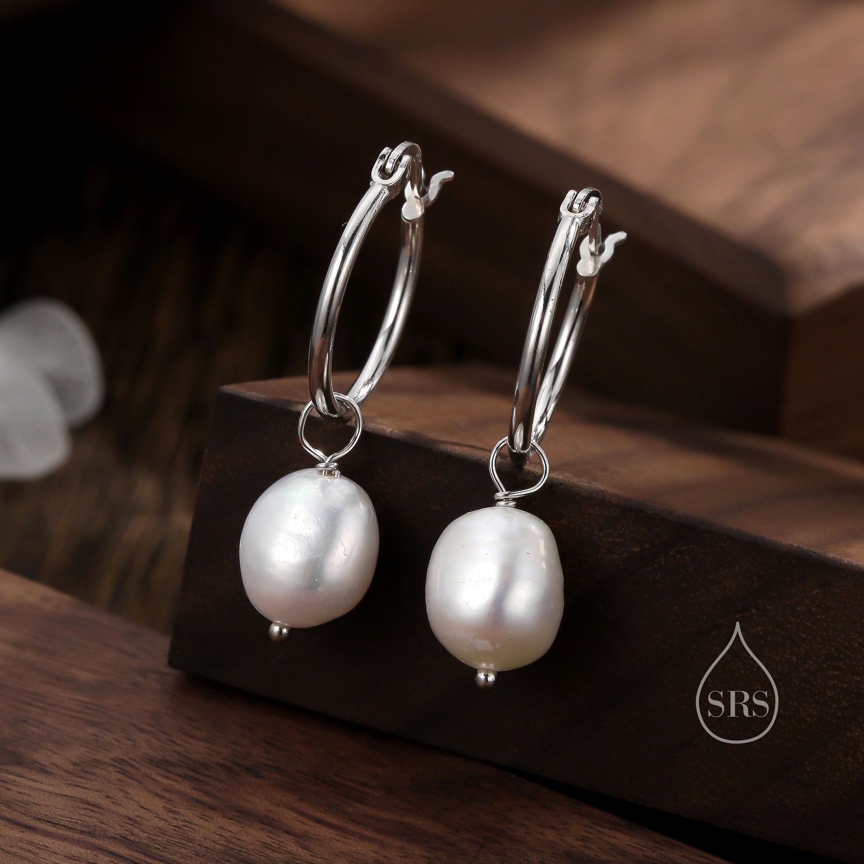 Pair of Plain Huggie Hoop Earrings in Sterling Silver with Detachable Baroque Pearl Charms, Two Sizes Available, Simple Hoop Earrings