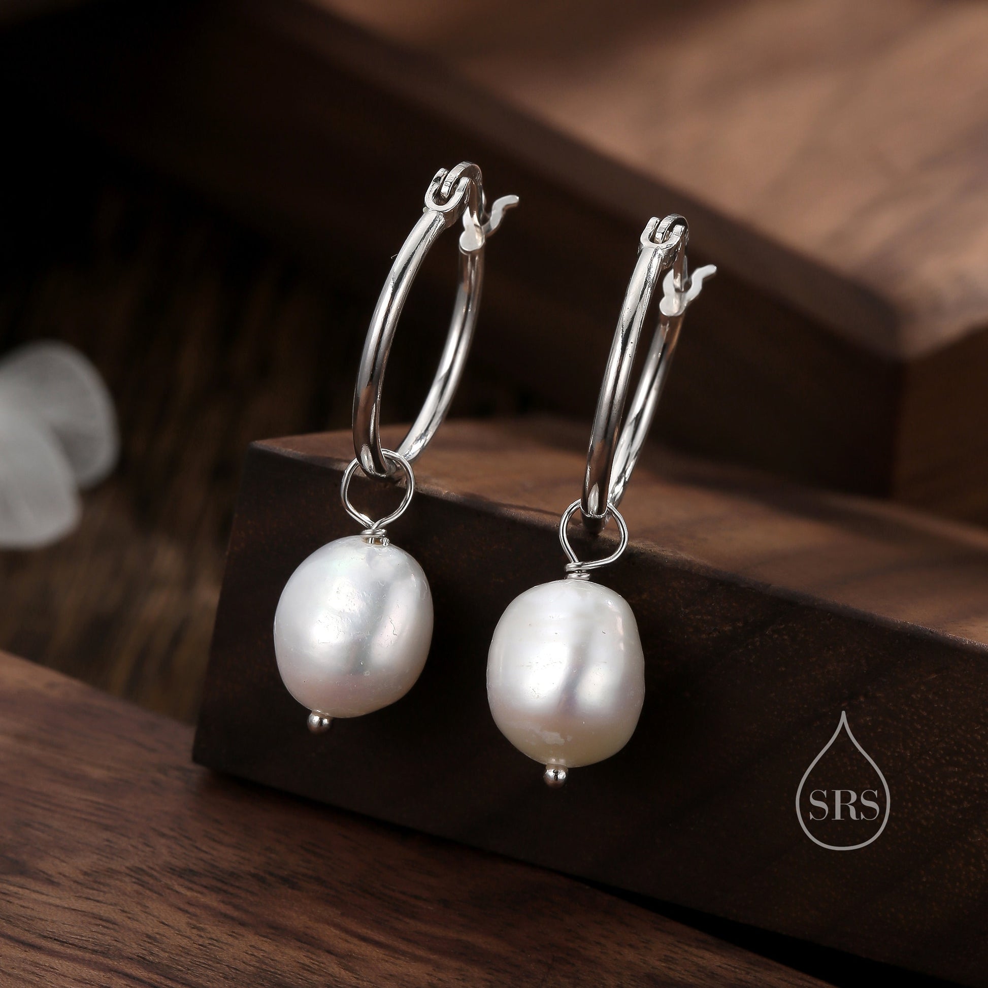 Pair of Plain Huggie Hoop Earrings in Sterling Silver with Detachable Baroque Pearl Charms, Two Sizes Available, Simple Hoop Earrings