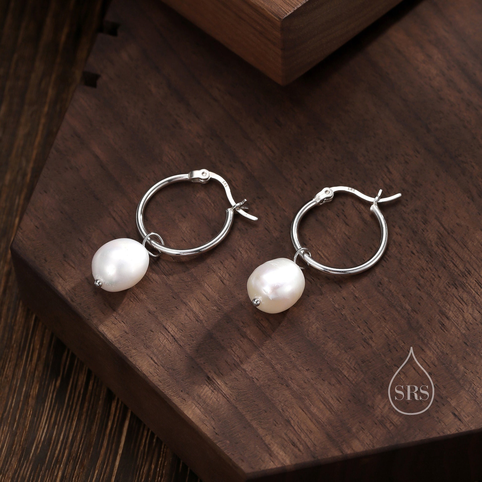 Pair of Plain Huggie Hoop Earrings in Sterling Silver with Detachable Baroque Pearl Charms, Two Sizes Available, Simple Hoop Earrings
