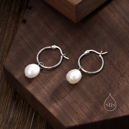 Pair of Plain Huggie Hoop Earrings in Sterling Silver with Detachable Baroque Pearl Charms, Two Sizes Available, Simple Hoop Earrings