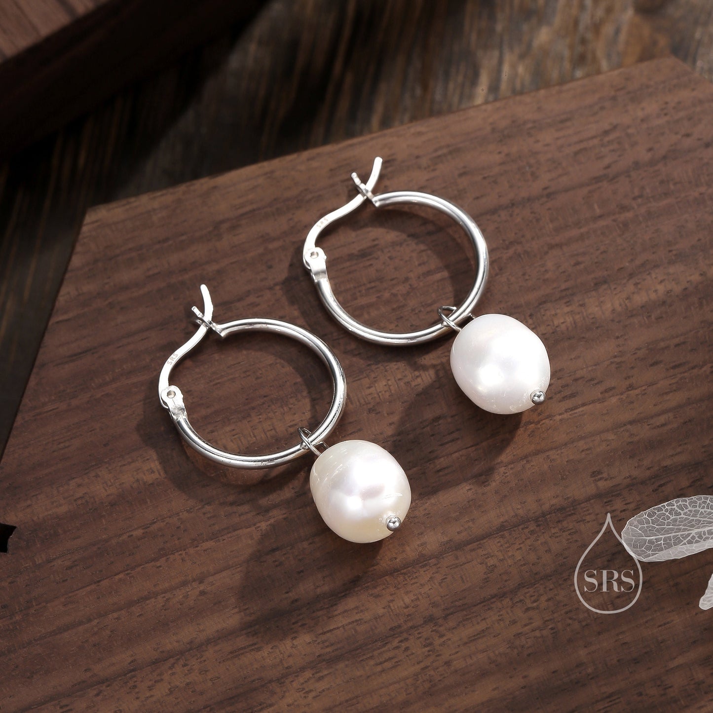 Pair of Plain Huggie Hoop Earrings in Sterling Silver with Detachable Baroque Pearl Charms, Two Sizes Available, Simple Hoop Earrings