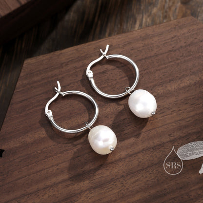 Pair of Plain Huggie Hoop Earrings in Sterling Silver with Detachable Baroque Pearl Charms, Two Sizes Available, Simple Hoop Earrings