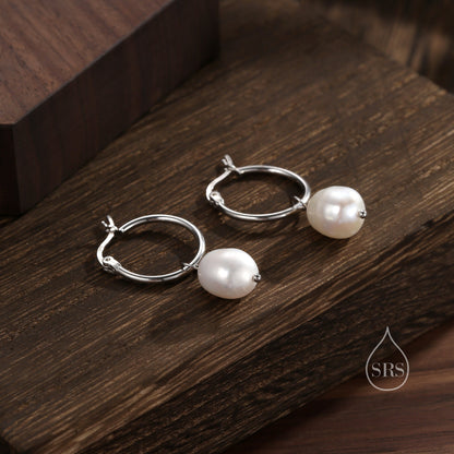 Pair of Plain Huggie Hoop Earrings in Sterling Silver with Detachable Baroque Pearl Charms,  Two Sizes Available, Simple Hoop Earrings