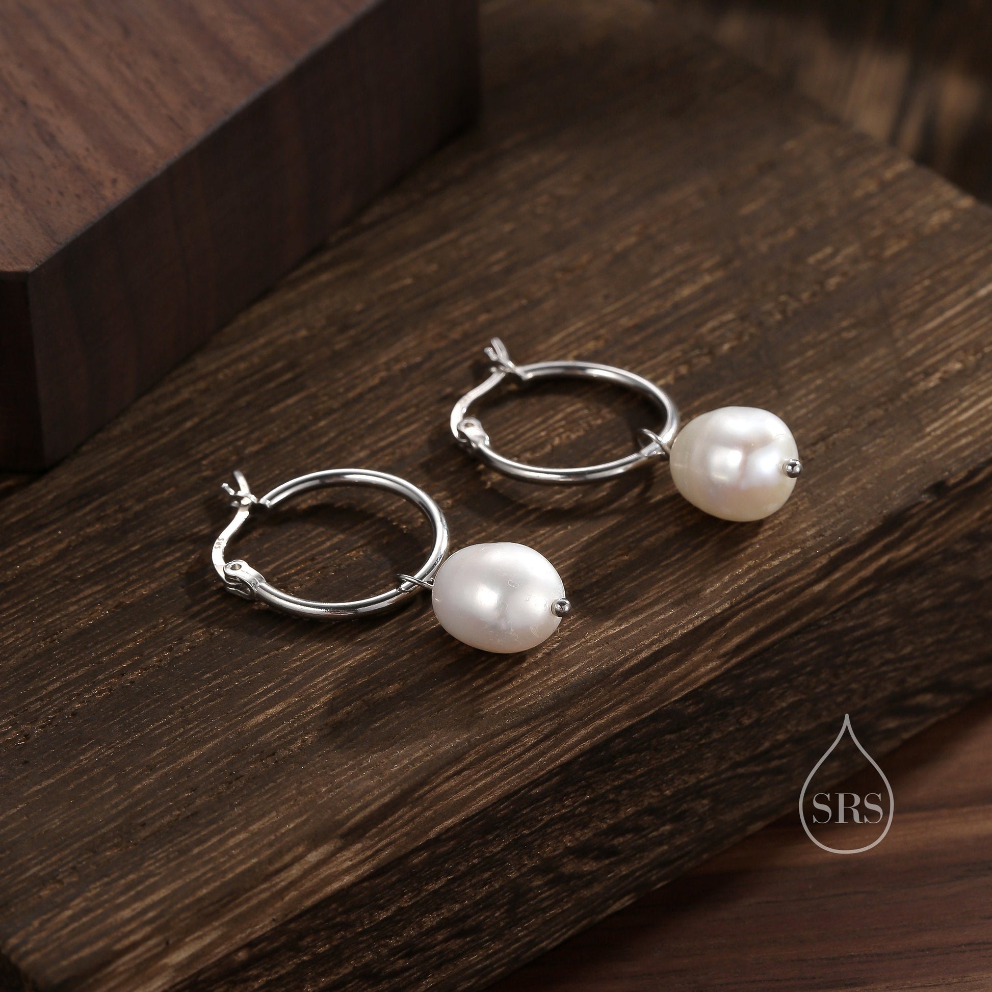 Pair of Plain Huggie Hoop Earrings in Sterling Silver with Detachable Baroque Pearl Charms, Two Sizes Available, Simple Hoop Earrings