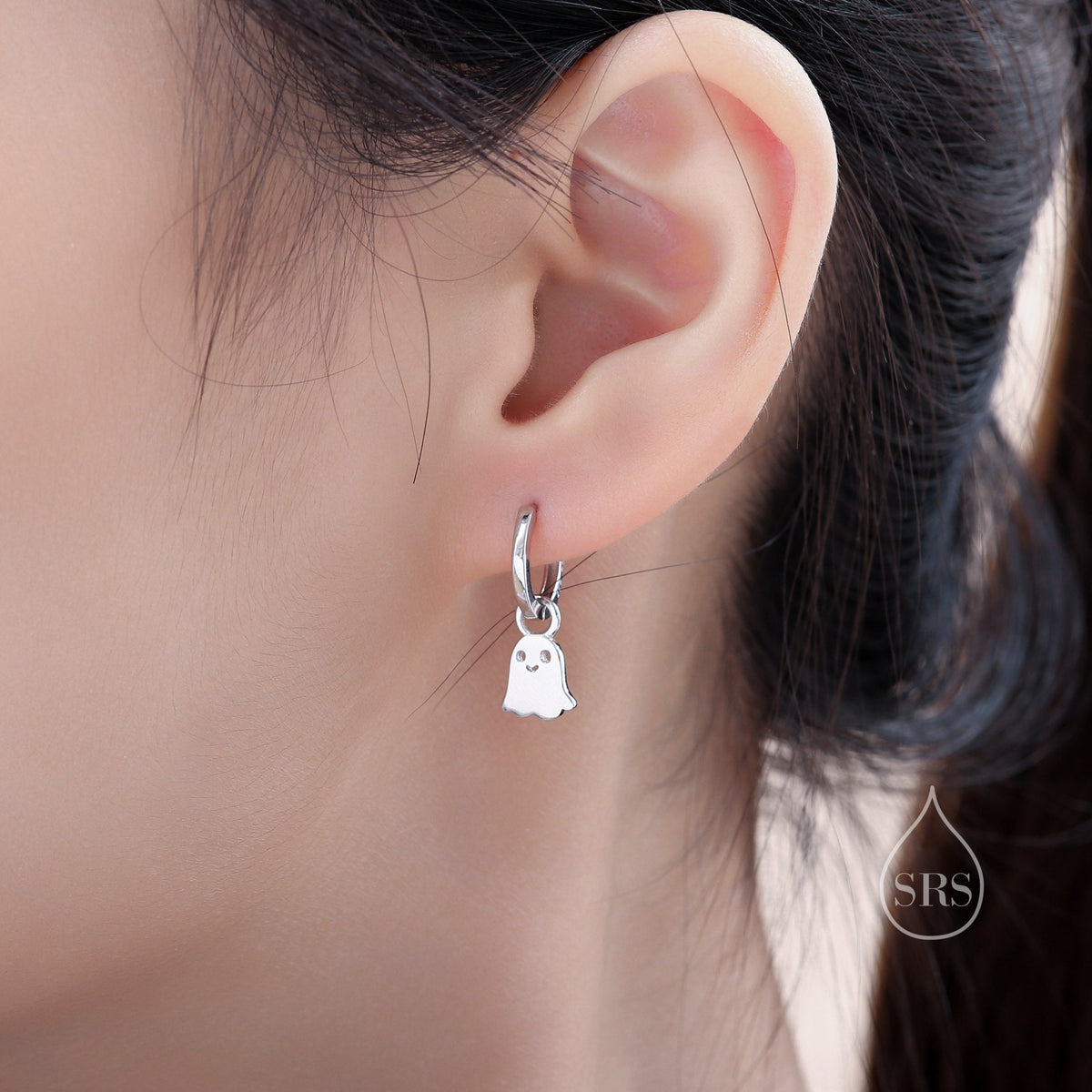 Sterling Silver Little Ghost Huggie Hoops, Detachable Cute Ghost Hoop Earrings, Ghost Charm Dangle Earrings, Ghost Earrings