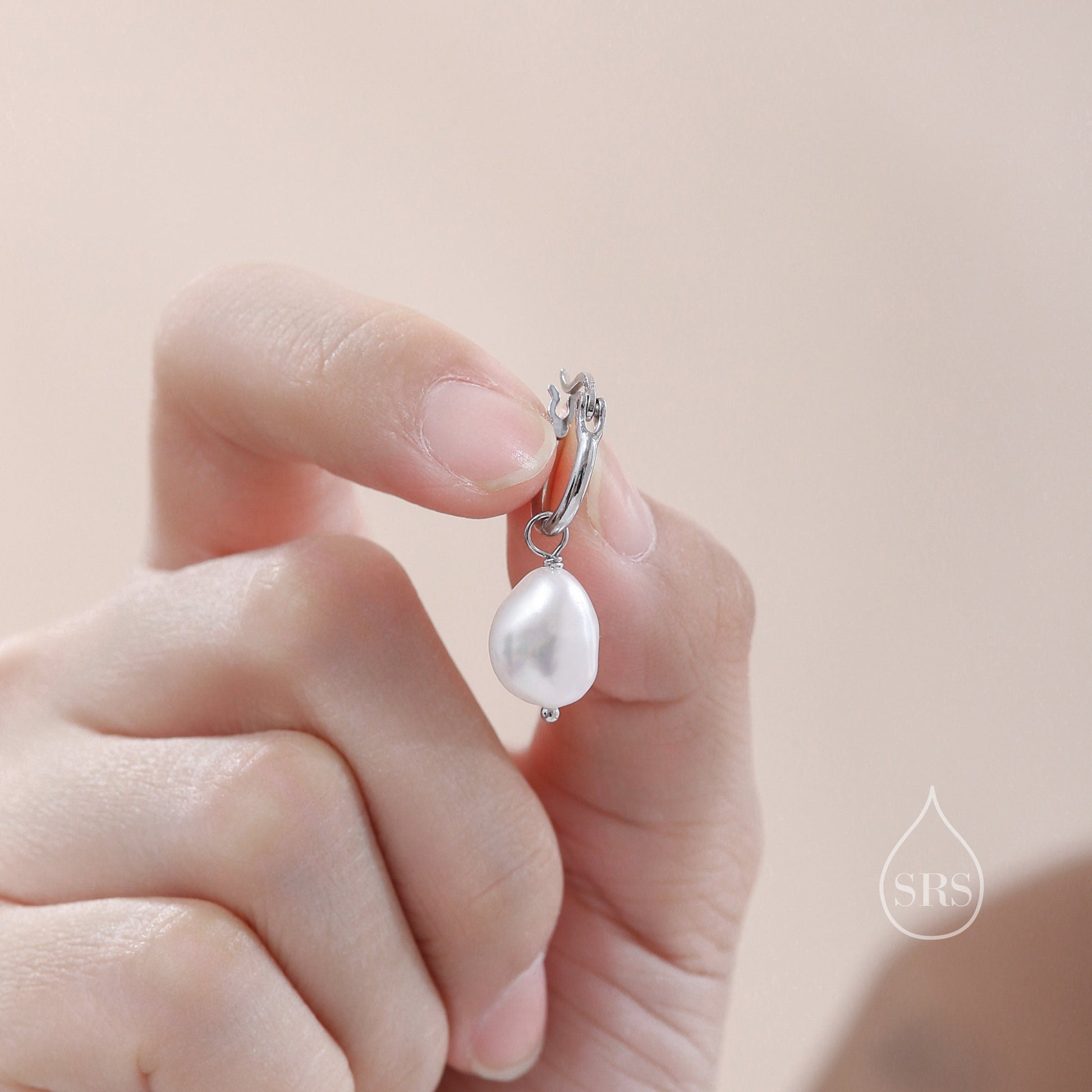 Huggie Hoop Earrings in Sterling Silver with Detachable Baroque Pearl Charms, Plain Hoop Earrings , Two Sizes Available,