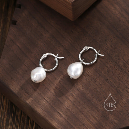 Huggie Hoop Earrings in Sterling Silver with Detachable Baroque Pearl Charms, Plain Hoop Earrings , Two Sizes Available,