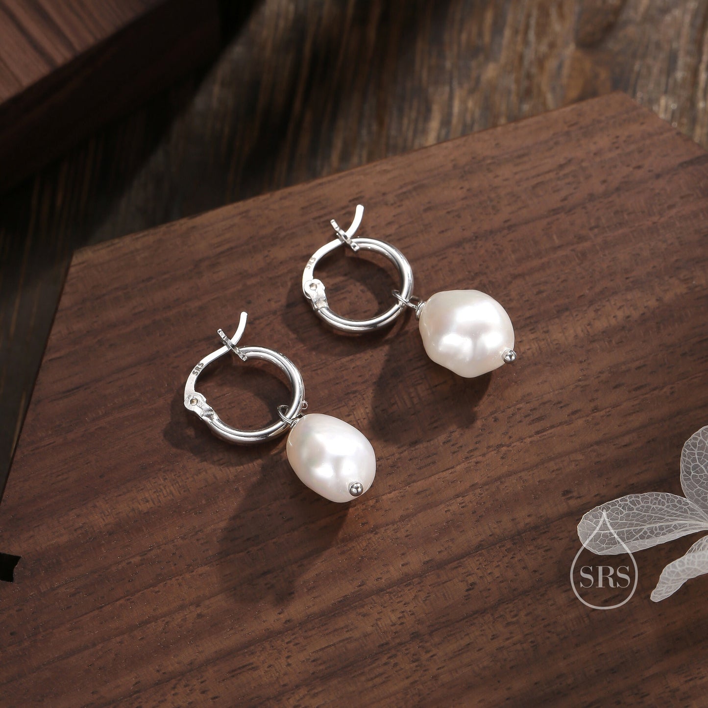 Huggie Hoop Earrings in Sterling Silver with Detachable Baroque Pearl Charms, Plain Hoop Earrings , Two Sizes Available,