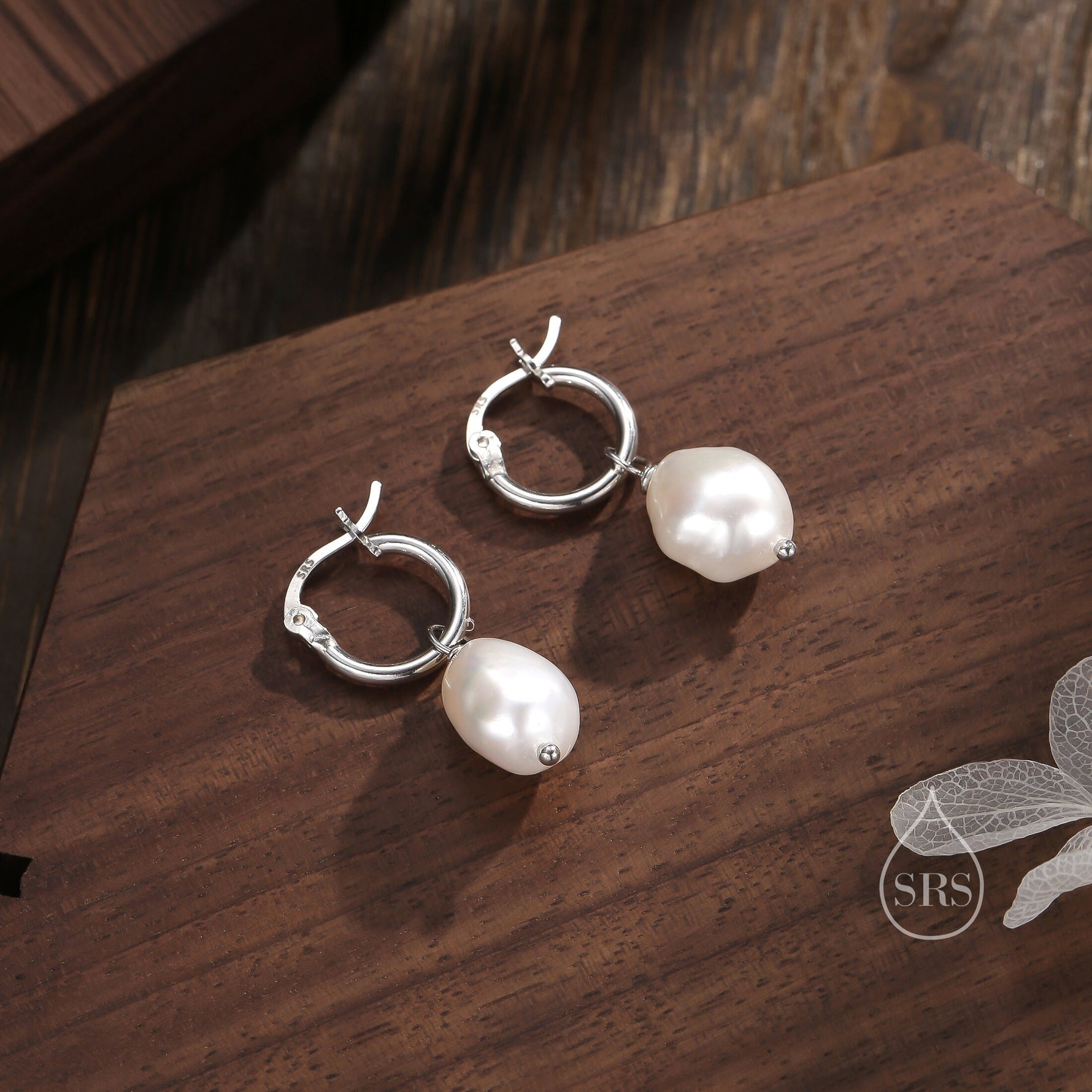 Huggie Hoop Earrings in Sterling Silver with Detachable Baroque Pearl Charms, Plain Hoop Earrings , Two Sizes Available,