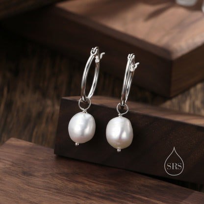 Huggie Hoop Earrings in Sterling Silver with Detachable Baroque Pearl Charms, Plain Hoop Earrings , Two Sizes Available,
