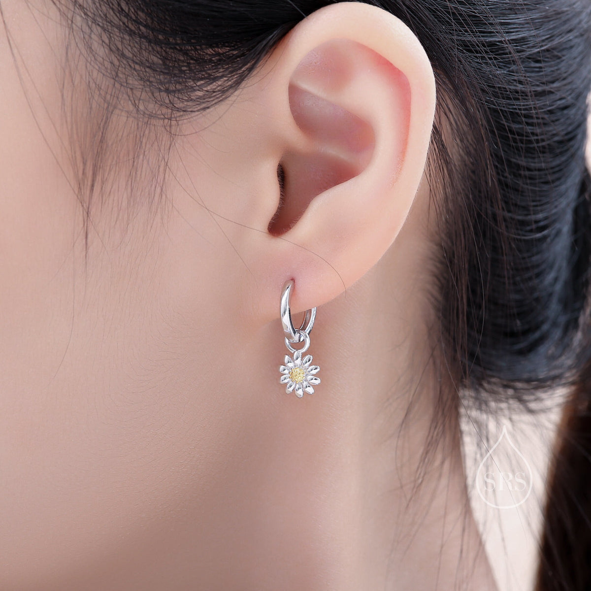 Daisy Flower Charmed Hoop Earrings in Sterling Silver - Cute Flower Blossom Huggie Hoop Earrings - Fun, Whimsical, Detachable Charm Hoops