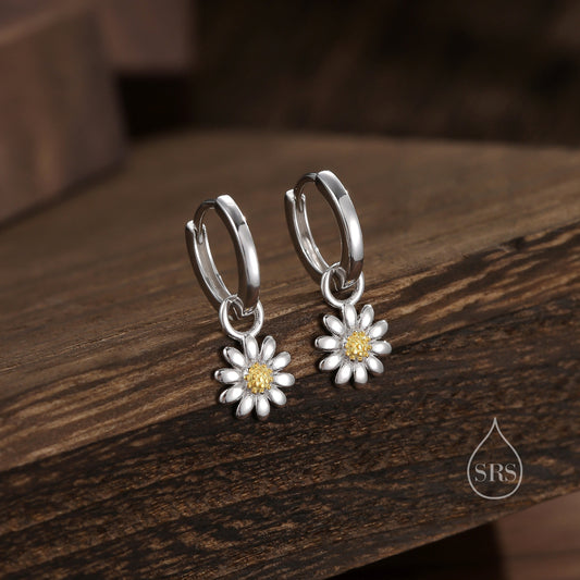 Daisy Flower Charmed Hoop Earrings in Sterling Silver - Cute Flower Blossom Huggie Hoop Earrings  -   Fun, Whimsical, Detachable Charm Hoops