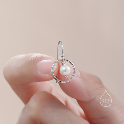 Genuine Freshwater Pearl and Circle Drop Earrings in Sterling Silver, Delicate Keshi Pearl Halo Earrings, Genuine Near Round Pearls.