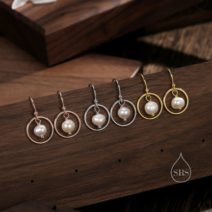 Genuine Freshwater Pearl and Circle Drop Earrings in Sterling Silver, Delicate Keshi Pearl Halo Earrings, Genuine Near Round Pearls.