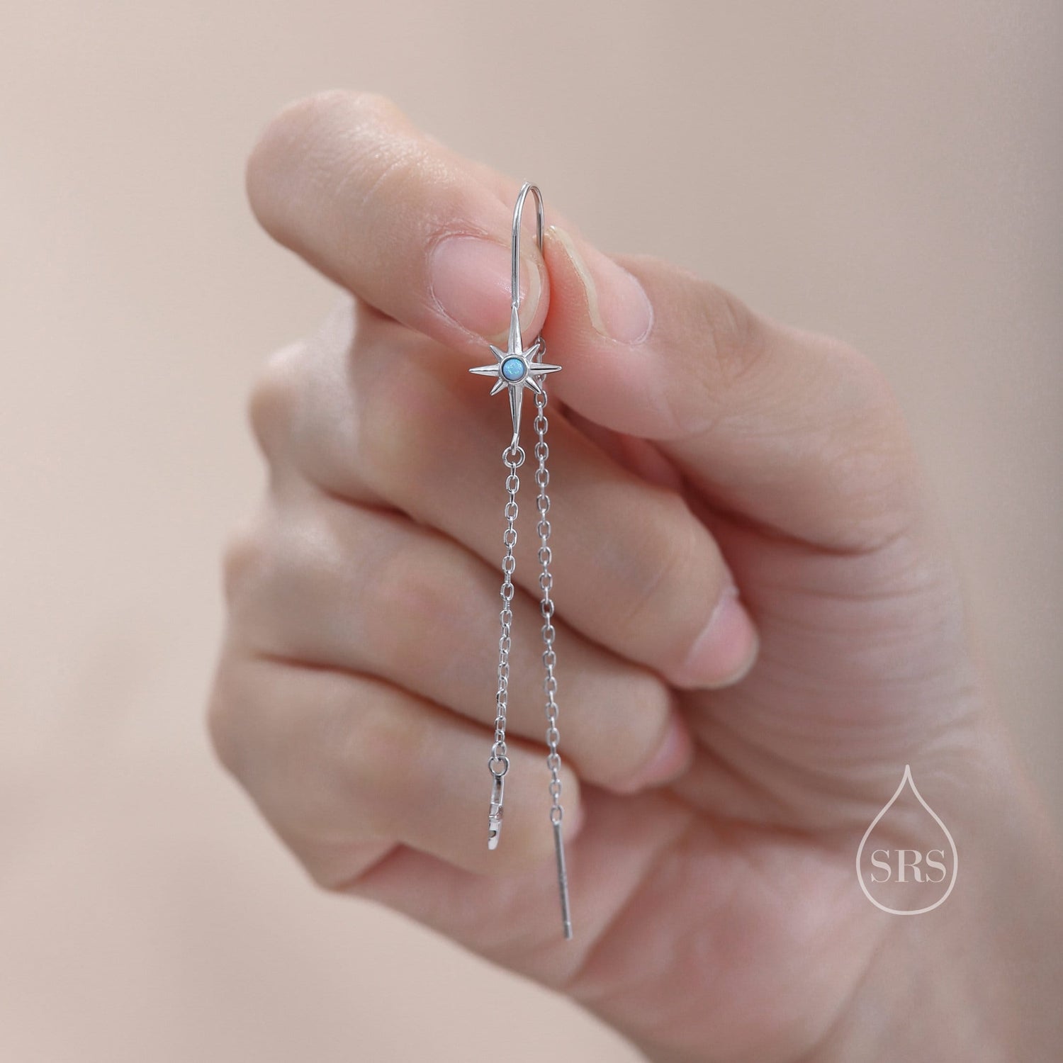 Opal Starburst and Star U Shape Threader Earrings in Sterling Silver, Silver or Gold or rose gold , North Star Ear Threaders