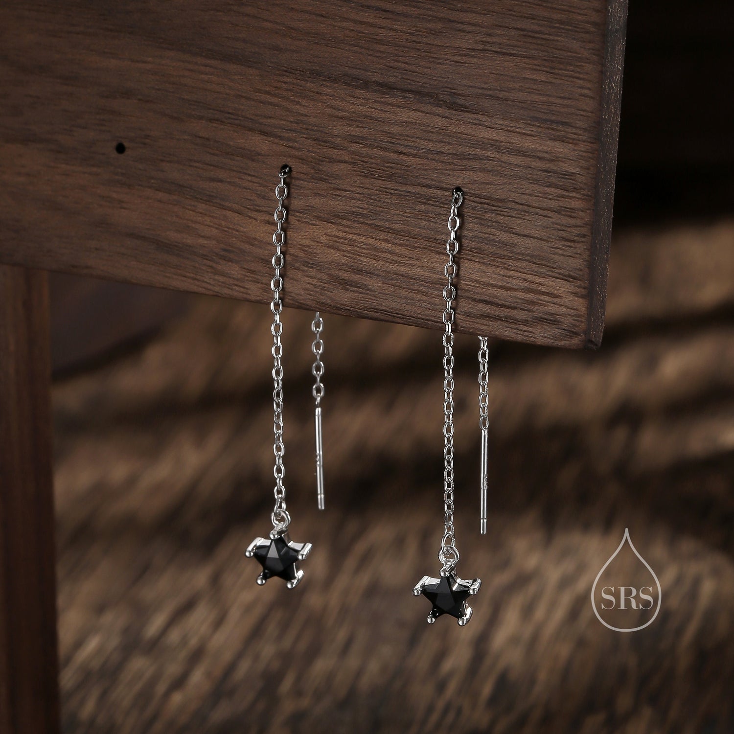 Black Star CZ Threader Earrings in Sterling Silver, Silver or Gold, Crystal Star Ear Threaders
