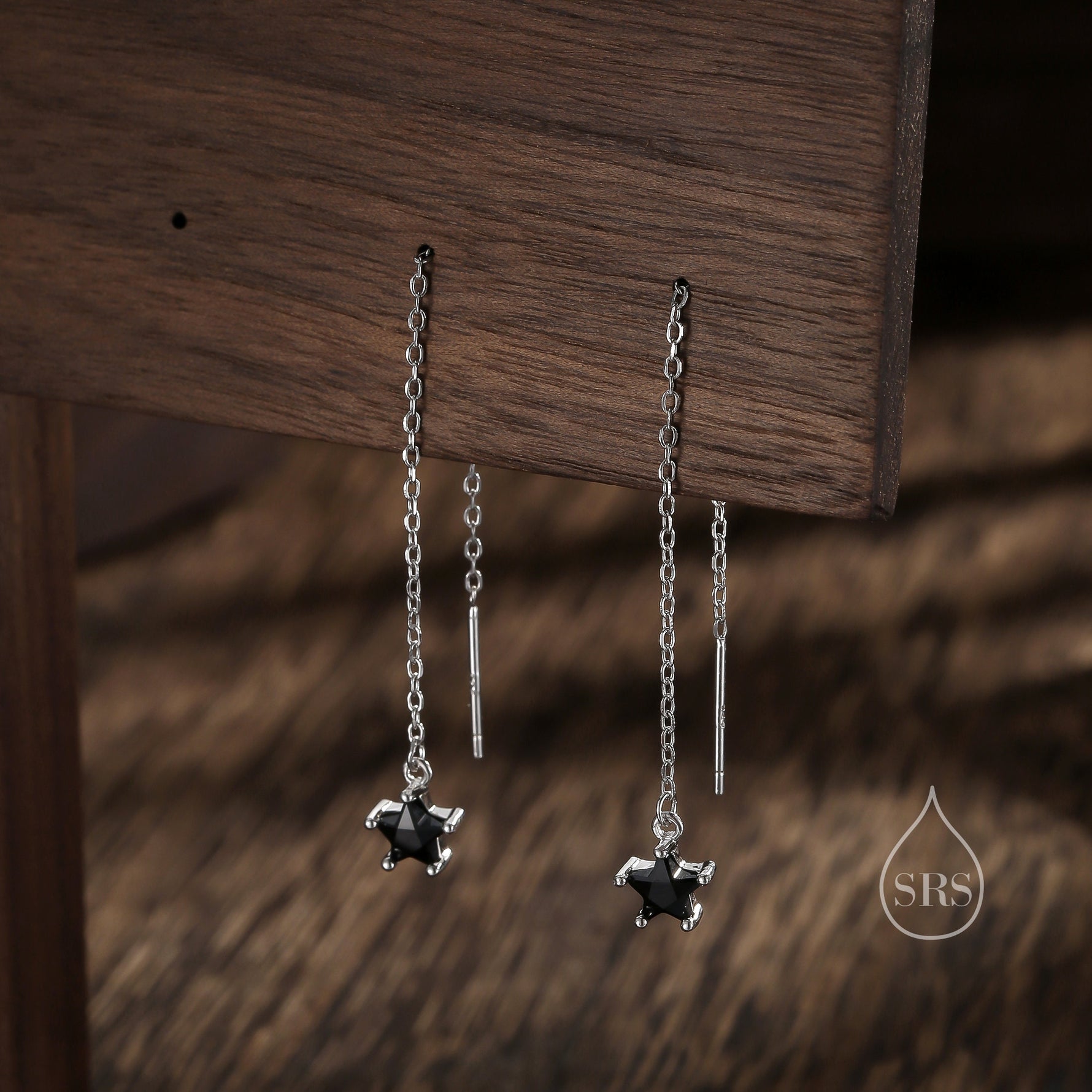 Black Star CZ Threader Earrings in Sterling Silver, Silver or Gold, Crystal Star Ear Threaders