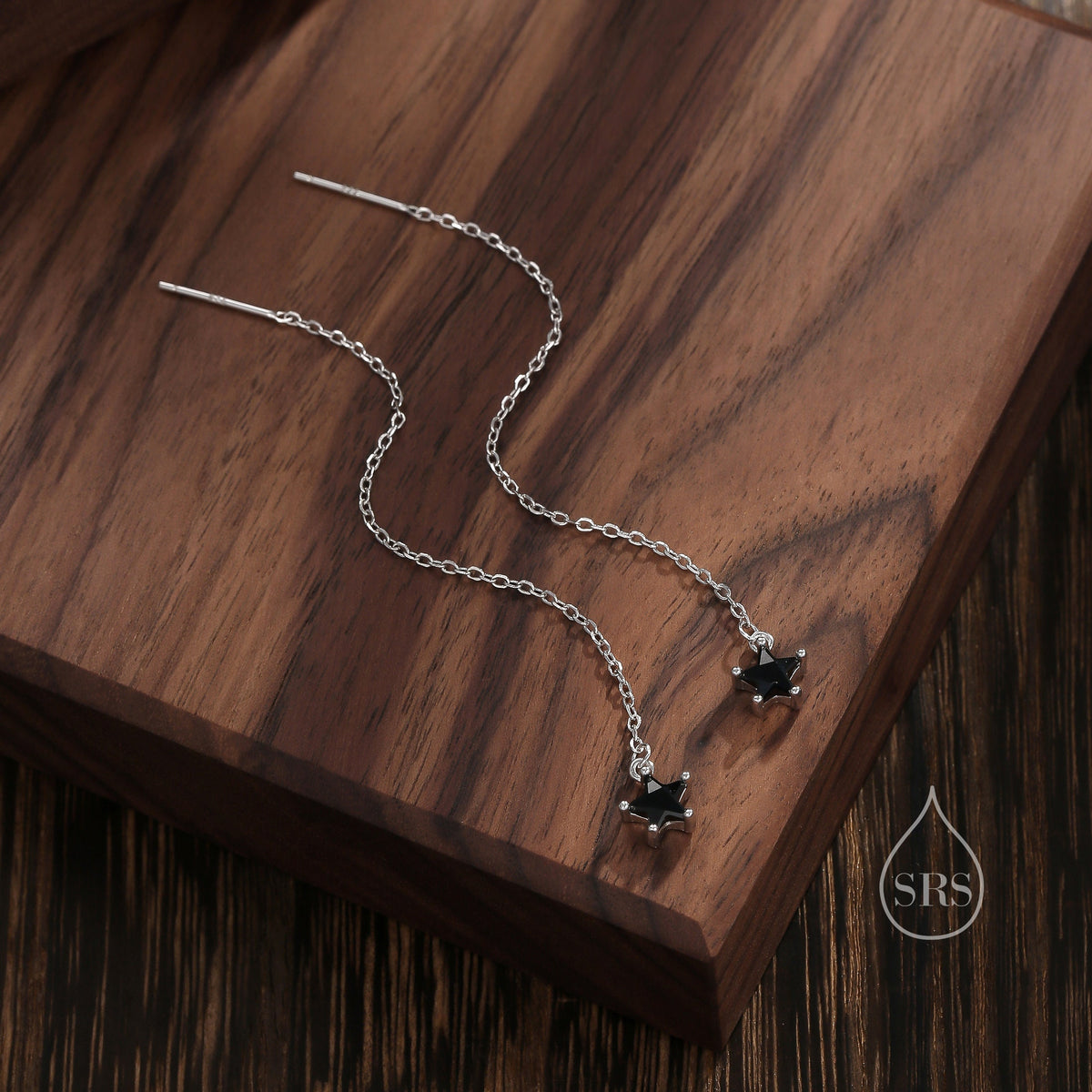 Black Star CZ Threader Earrings in Sterling Silver, Silver or Gold, Crystal Star Ear Threaders