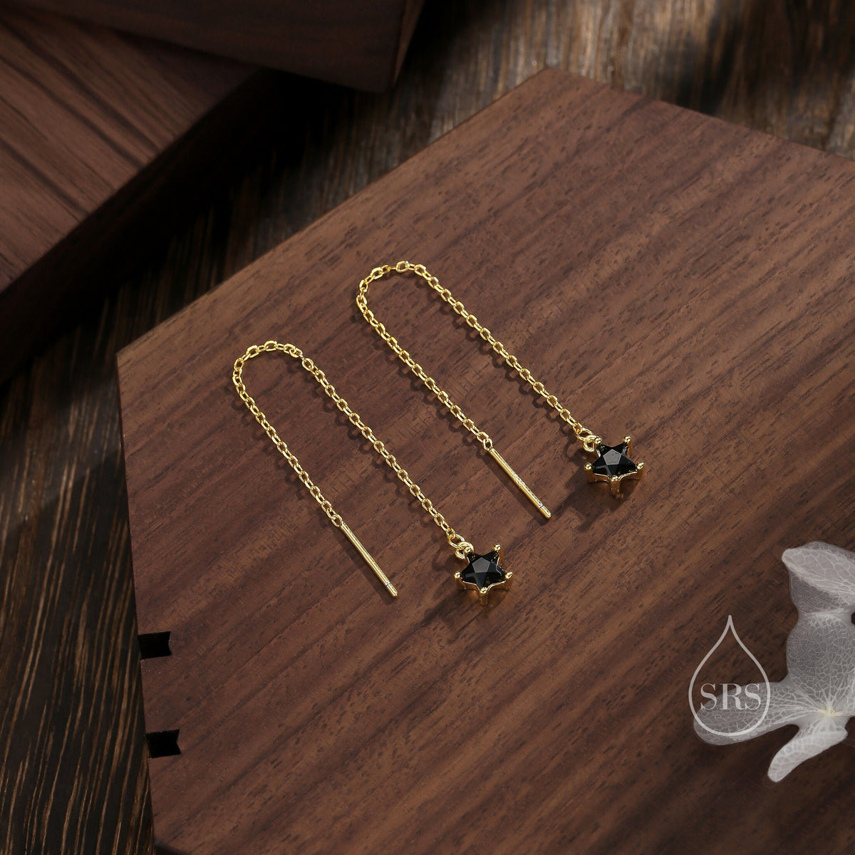 Black Star CZ Threader Earrings in Sterling Silver, Silver or Gold, Crystal Star Ear Threaders