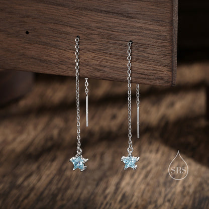 Aquamarine Blue Star CZ Threader Earrings in Sterling Silver, Crystal Star Ear Threaders