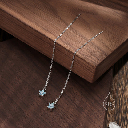 Aquamarine Blue Star CZ Threader Earrings in Sterling Silver, Crystal Star Ear Threaders