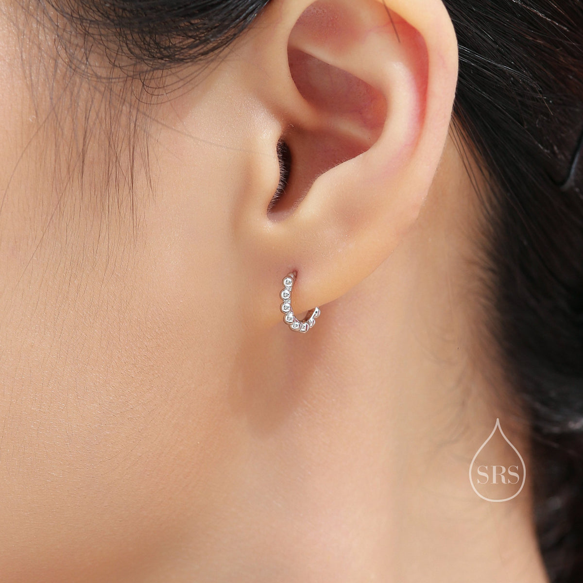 Sterling Silver Huggie Hoop Earrings, Pebble Circle Round Earrings, Minimalist Geometric Design