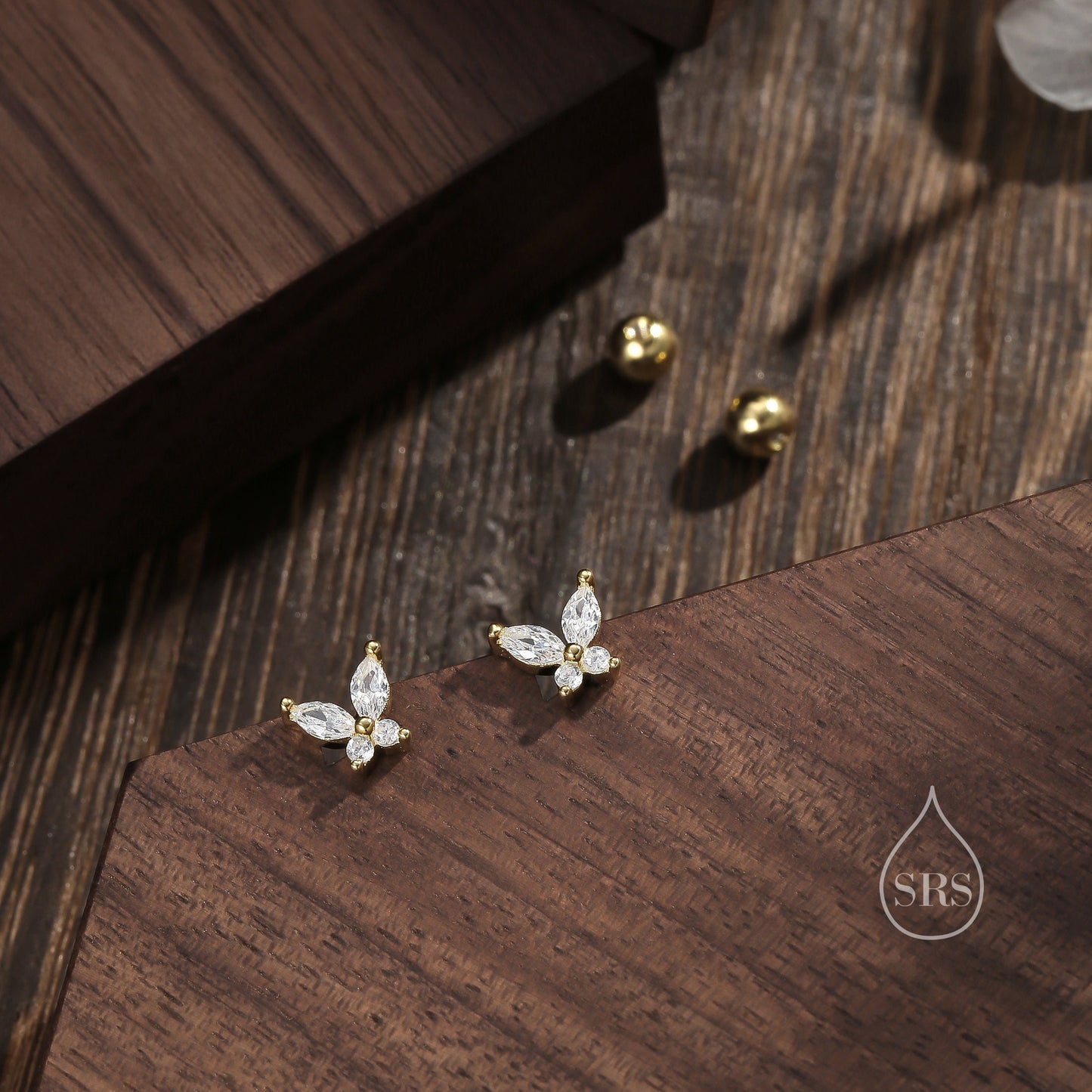 CZ Butterfly Flat Back Earrings in Sterling Silver,  Internally Threaded, Silver or Gold, Also Available in Screw Backs, Butterfly Backs