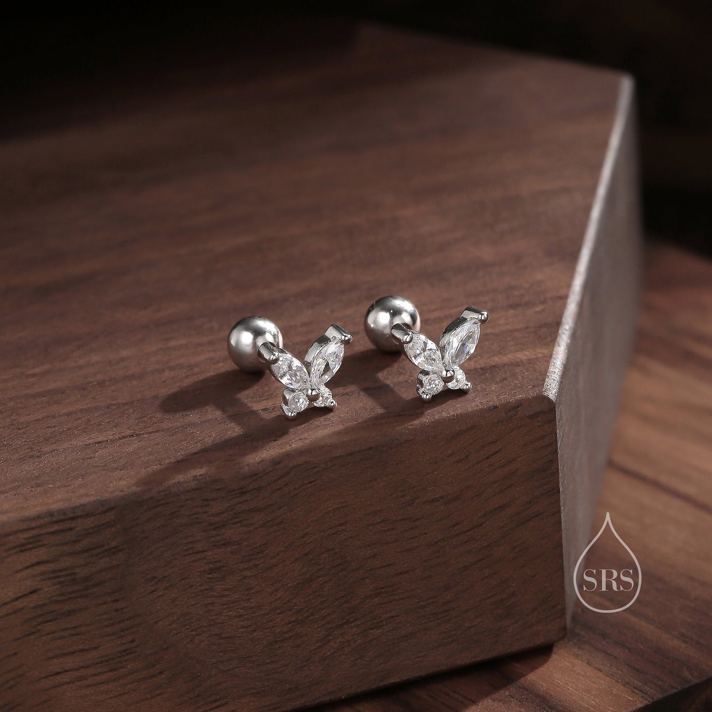 CZ Butterfly Barbell Earrings in Sterling Silver, Silver or Gold, Butterfly CZ Screw Back Earrings, Screwback Earring, Helix and Cartilage