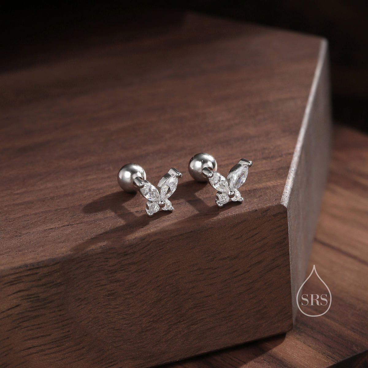CZ Butterfly 18G Screw Back Earrings in Sterling Silver