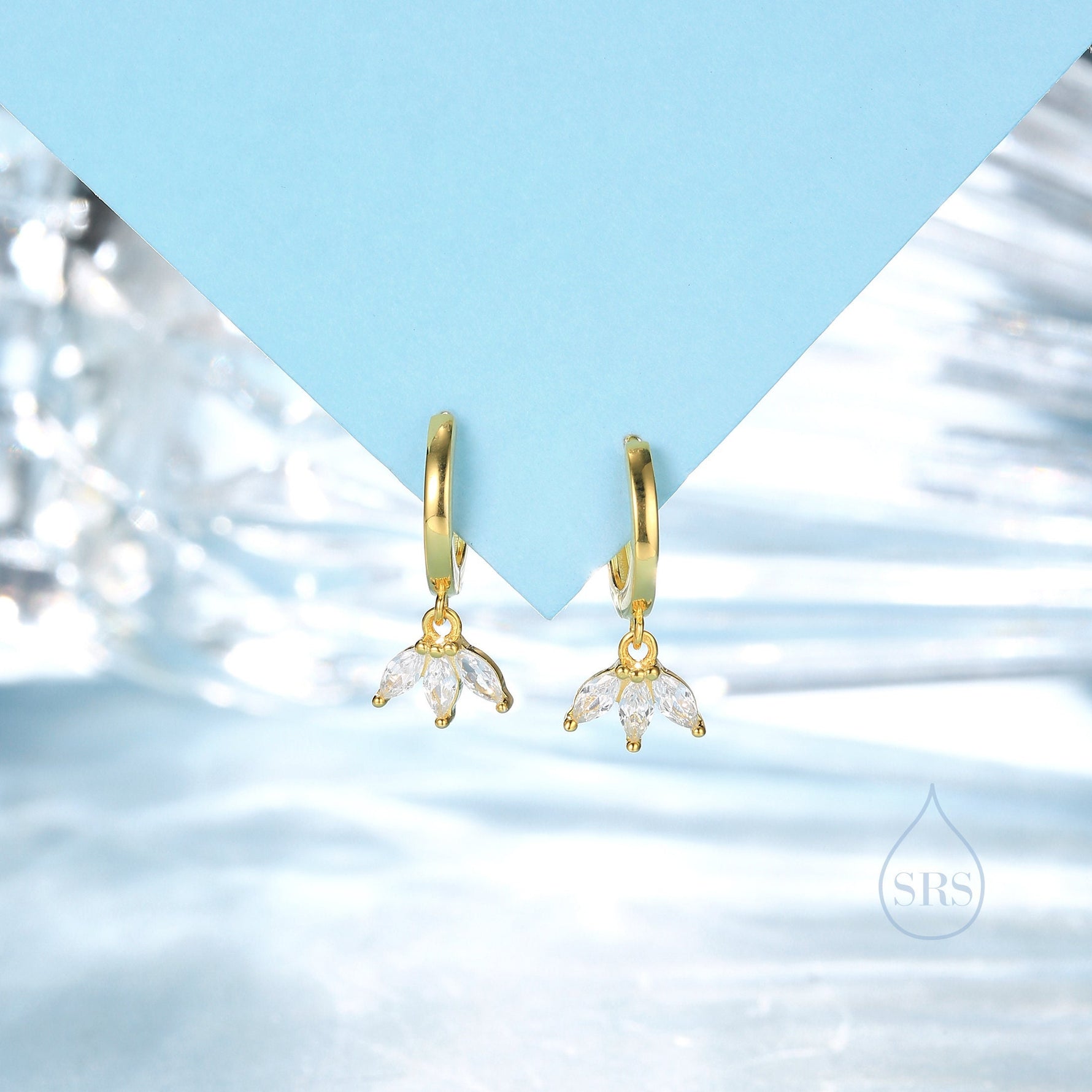 CZ Marquise Crown Huggie Hoop Earrings in Sterling Silver, Silver or Gold, Geometric Hoop Earrings, Clear CZ