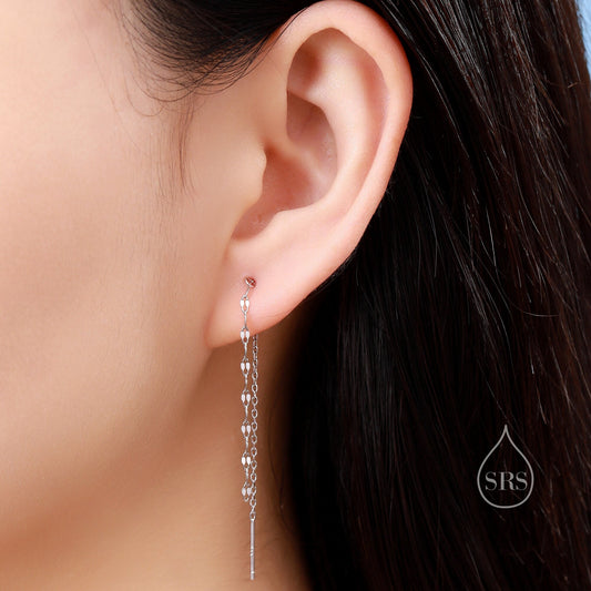 Oval Coin Chain Threader Earrings in Sterling Silver, Silver or Gold, Sparkle Chain Long Ear Threaders, Long Threaders