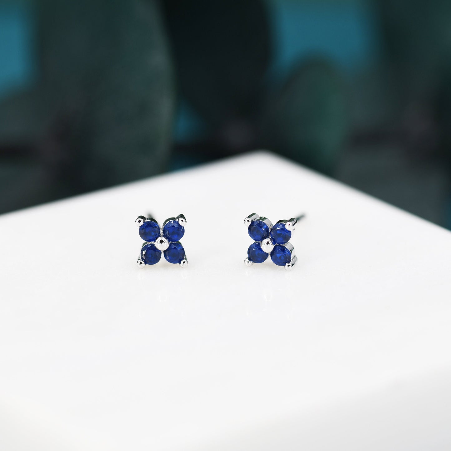 Sapphire Blue CZ Flower Stud Earrings in Sterling Silver, Crystal Flower Earrings, Blue Hydrangea Four Crystal Stud Earrings, Four CZ