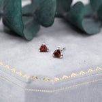 Genuine Garnet Stone Stud Earrings in Sterling Silver, Silver Trillion Cut Garnet Earrings, Double Pronged