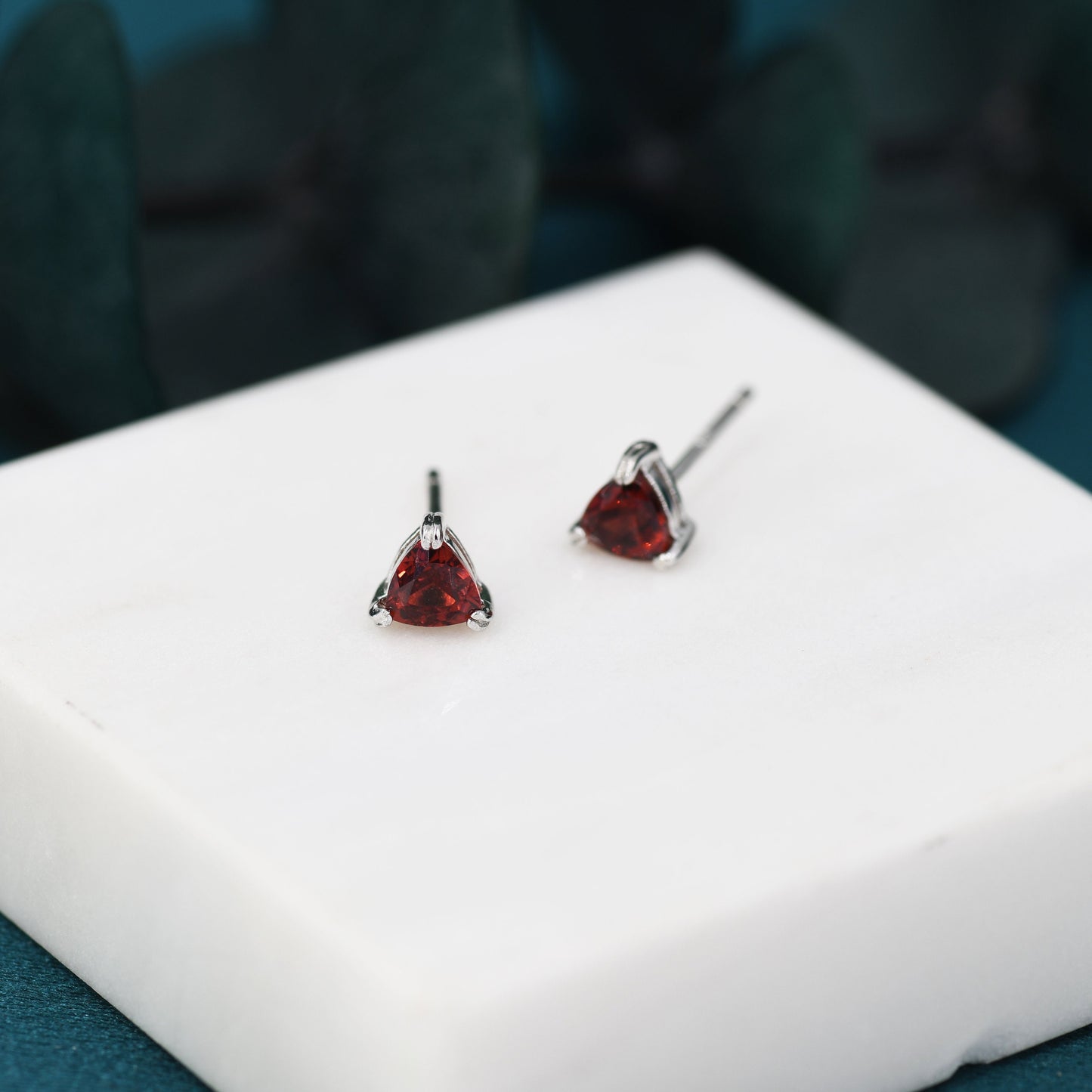 Genuine Garnet Stone Stud Earrings in Sterling Silver, Silver Trillion Cut Garnet Earrings, Double Pronged