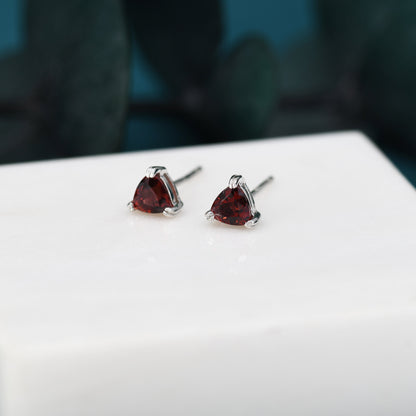 Genuine Garnet Stone Stud Earrings in Sterling Silver, Silver Trillion Cut Garnet Earrings, Double Pronged