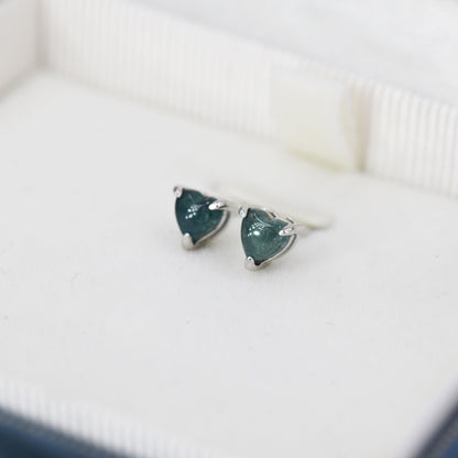 Natural Greyish Blue Tourmaline Heart Stud Earrings in Sterling Silver, 4mm or 6mm Crystal, Genuine Tourmaline Heart Stud Earrings