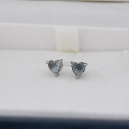 Natural Greyish Blue Tourmaline Heart Stud Earrings in Sterling Silver, 4mm or 6mm Crystal, Genuine Tourmaline Heart Stud Earrings