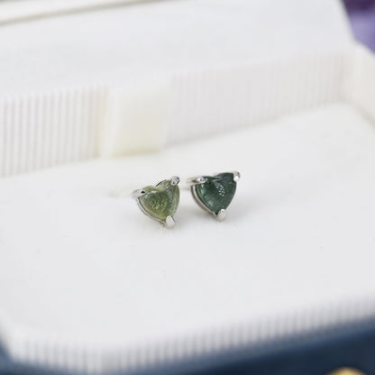 Natural Green Blue Tourmaline Heart Stud Earrings in Sterling Silver, 4mm or 6mm Crystal, Genuine Tourmaline Heart Stud Earrings