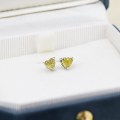 Natural Yellow Tourmaline Heart Stud Earrings in Sterling Silver, 4mm or 6mm Crystal, Genuine Tourmaline Heart Stud Earrings