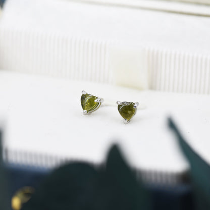 Natural Forest Green Tourmaline Heart Stud Earrings in Sterling Silver, 4mm Tourmaline Crystal, Genuine Green Tourmaline Heart Stud Earrings