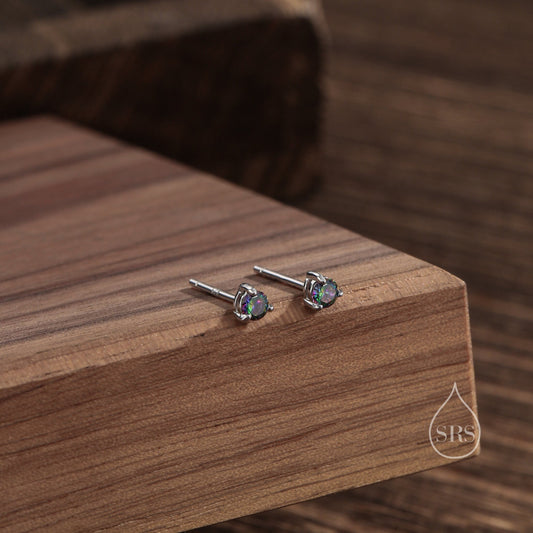 Sterling Silver 3mm Mystic Black Stud Earrings,  Pear Cut Aurora Black Earrings, Mystic Topaz Birthstone CZ Earrings