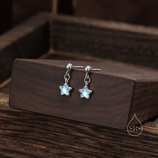 Tiny Moonstone Star Dangle Stud Earrings in Sterling Silver, Silver or Gold, Aurora Star Earrings, Sunburst Earrings, Celestial