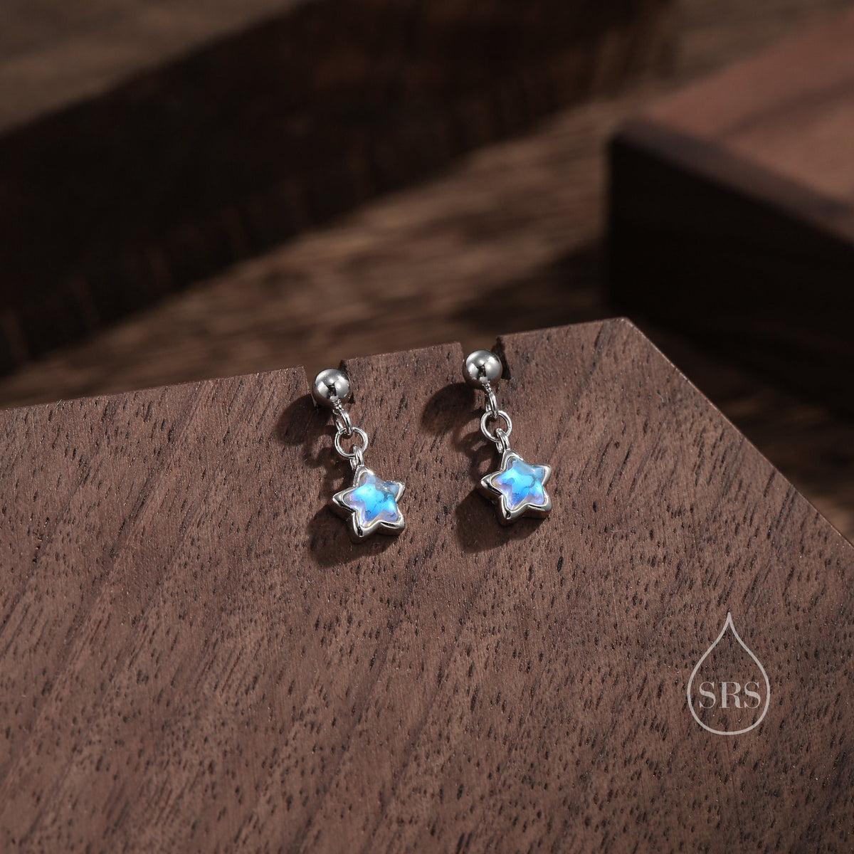Tiny Moonstone Star Dangle Stud Earrings in Sterling Silver, Silver or Gold, Aurora Star Earrings, Sunburst Earrings, Celestial
