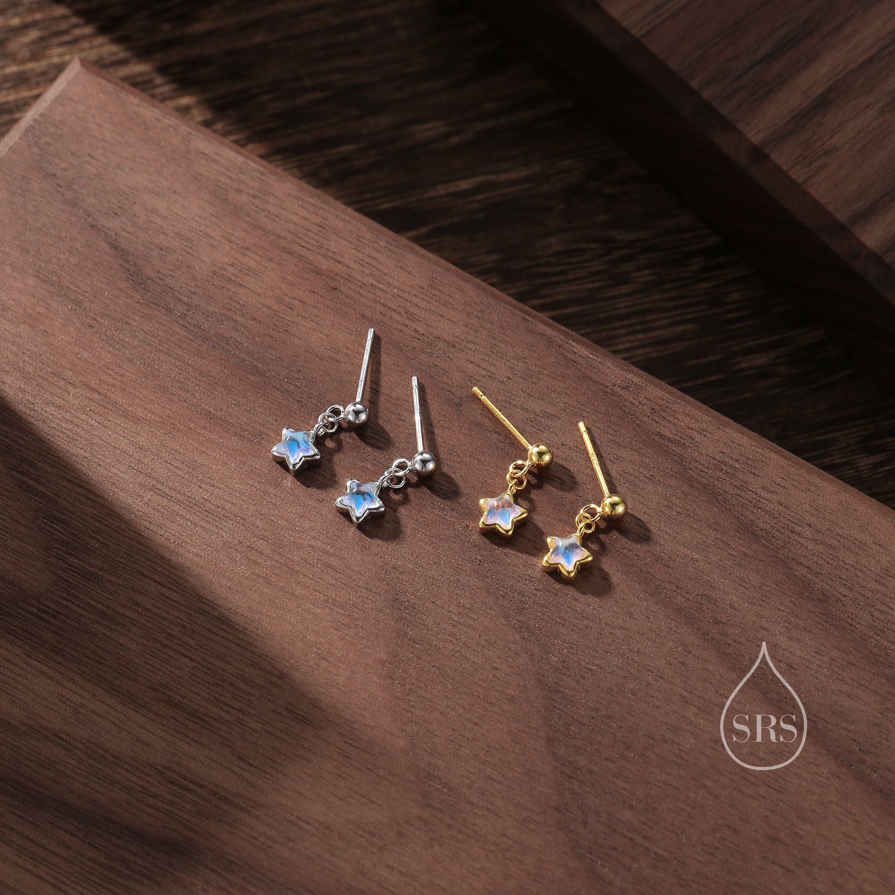 Tiny Moonstone Star Dangle Stud Earrings in Sterling Silver, Silver or Gold, Aurora Star Earrings, Sunburst Earrings, Celestial